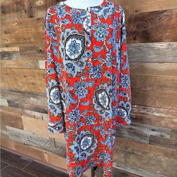 Loft-Anne Taylor Red Blue Brown Floral Long Sleeve Smock Tunic-Henley style sz L - Picture 1 of 16